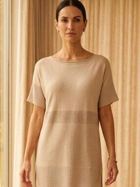 Lafayette 148 New York Short-Sleeve Knit Top in Light Beige, size Small